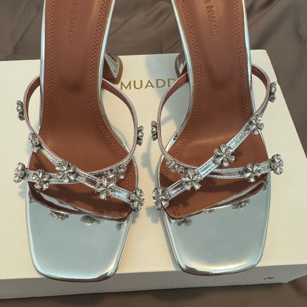 Amina Muaddi silver lily slipper heeled sandals